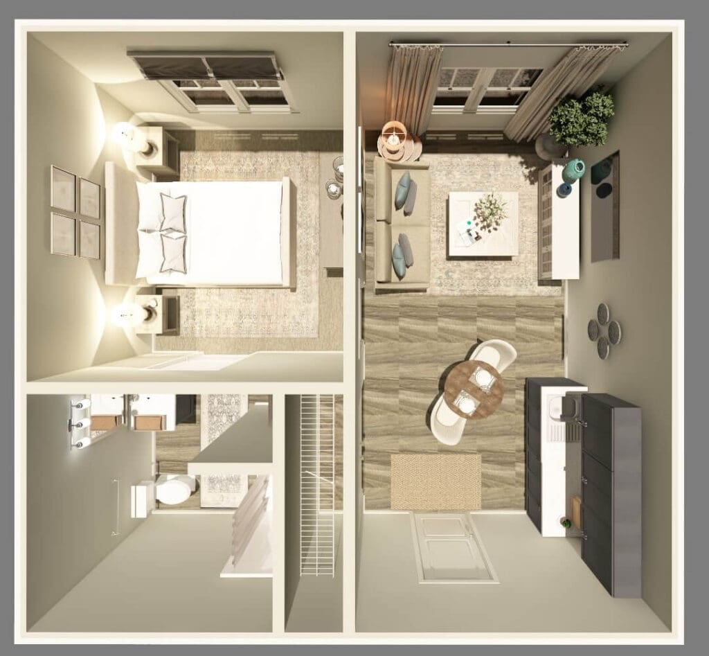 One Bedroom Assisted Living Floor Plan Rendering